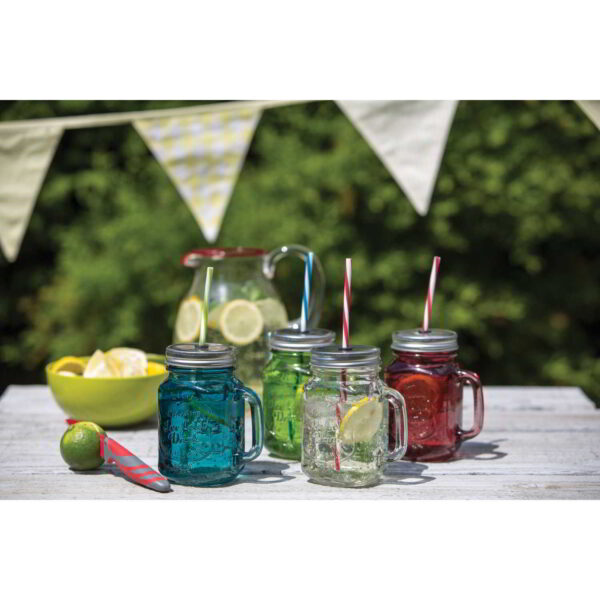 Home Made 450ml Traditional Glass Drinks Jar with Straw Assorted Colours