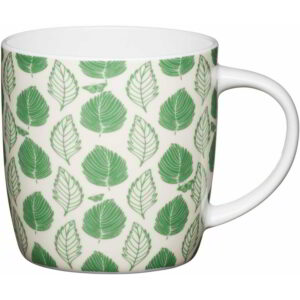 KitchenCraft Fine Bone China 425ml Barrel Shaped Mug Green Leaf