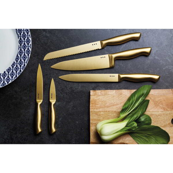 MasterClass Five Piece Burnished Brass Effect Knife Set with Wooden Storage Block