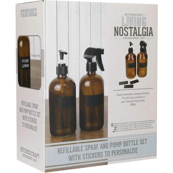 KitchenCraft Living Nostalgia Amber Glass Reusable Spray and Pump Bottle Set. 500ml
