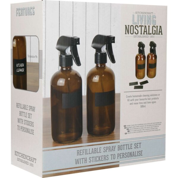 KitchenCraft Living Nostalgia Amber Glass Reusable Spray Bottle Set. 500ml