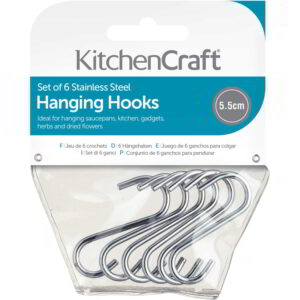 KitchenCraft Stainless Steel 37cm Small Hanging Hooks Pack of Six 50mm